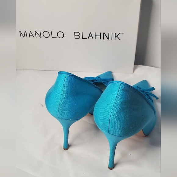 MANOLO BLAHNIK-size 40/10- pumps designer embellished linen in turquoise fabric - Picture 4 of 9